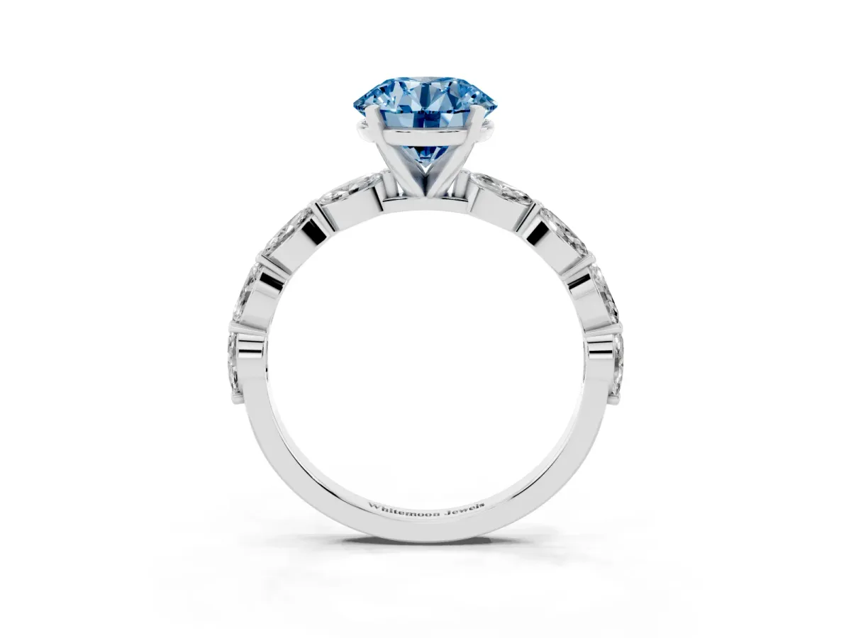 Fancy Blue Round Cut Diamond Ring with Marquise Side Stones and Prong Setting Platinum