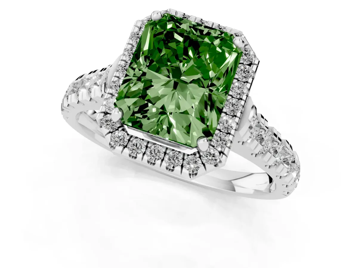 Fancy Green Radiant Cut Halo Pavé Diamond Engagement Ring with Four-Prong Setting Platinum