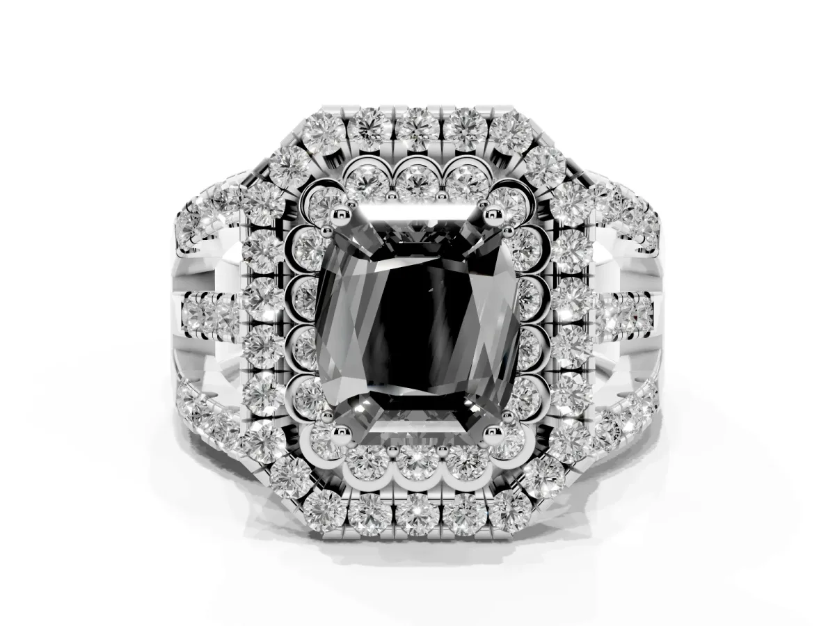 Fancy Black Emerald Cut Diamond Double Halo Ring with Round Pavé Split Shank and Prong Setting Silver