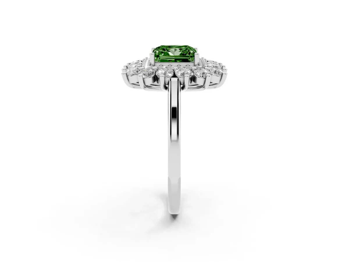Fancy Green Princess Cut Diamond Floral Double Halo Engagement Ring with Prong Setting White gold