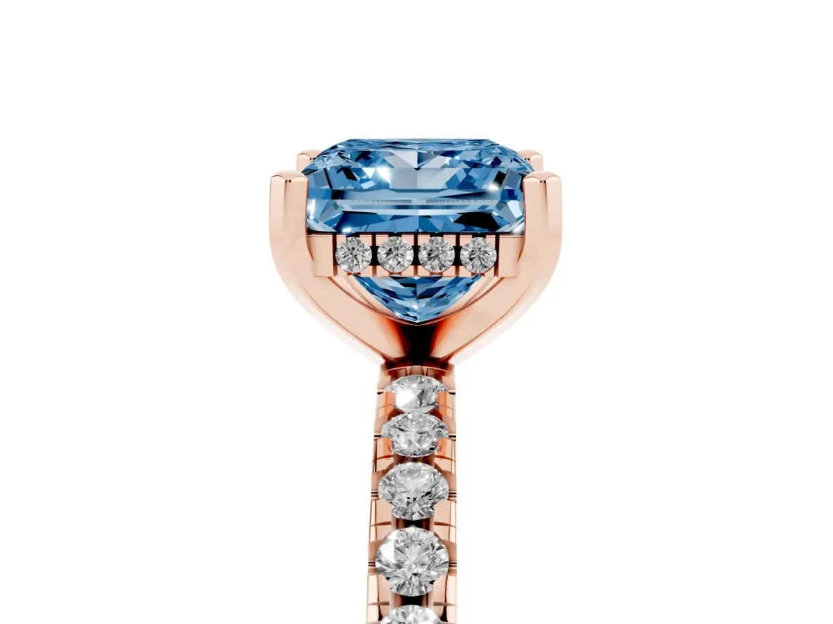 Fancy Blue Princess Cut Diamond Solitaire Ring with Round Pavé Band and Four-Prong Setting Rose gold