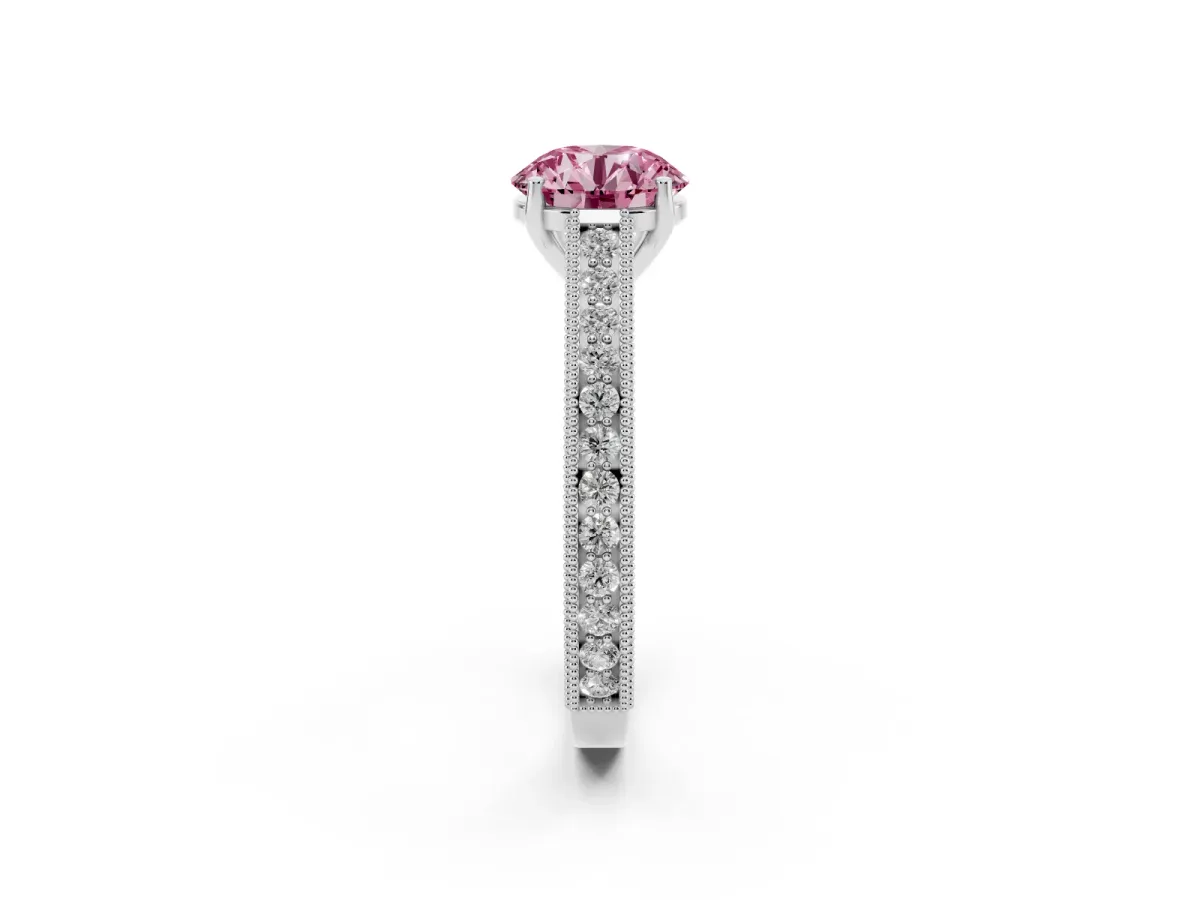 Fancy Pink Round Cut Cut Pave Band Milgrain Solitaire Ring Silver