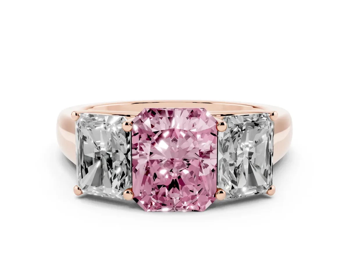 Fancy Pink Radiant Cut Three-Stone Diamond Ring with Prong Setting on a Classic Band Rose gold
