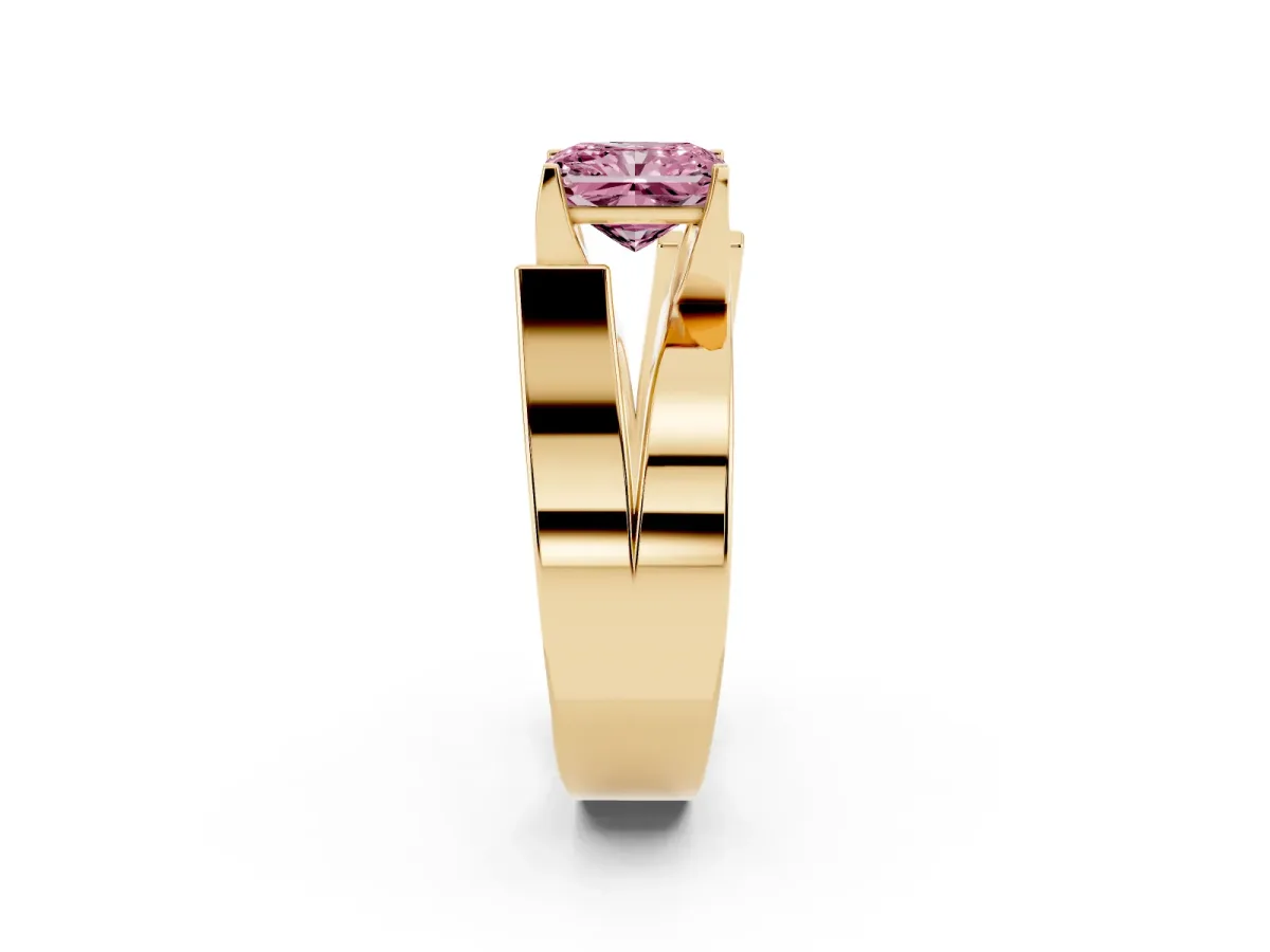 Fancy Pink Modern Tension Set Radiant Cut Diamond Solitaire Wide Band Ring Yellow gold