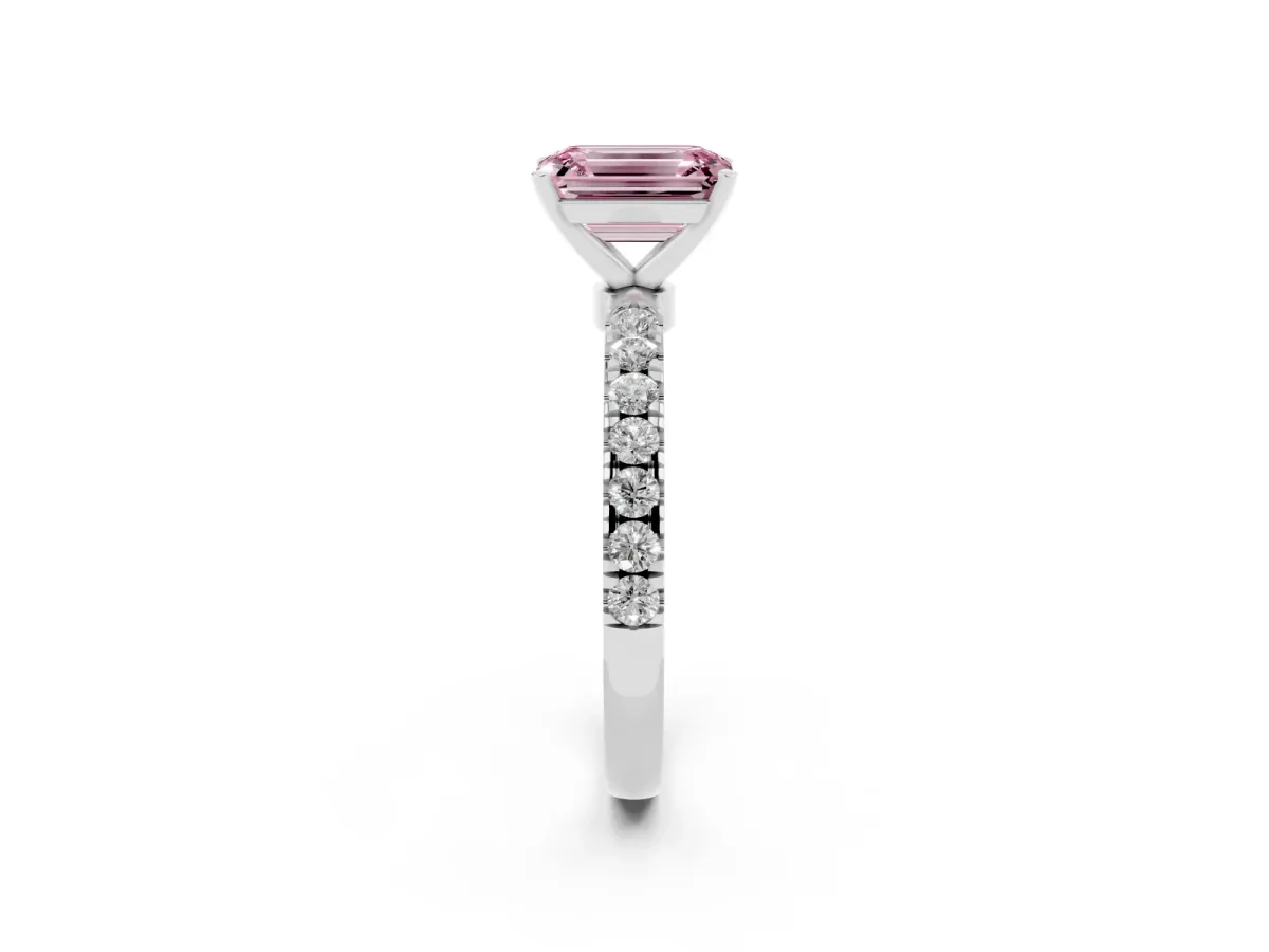Fancy Pink Emerald Cut Diamond Solitaire Ring with Pavé Accents and Four-Prong Setting Platinum