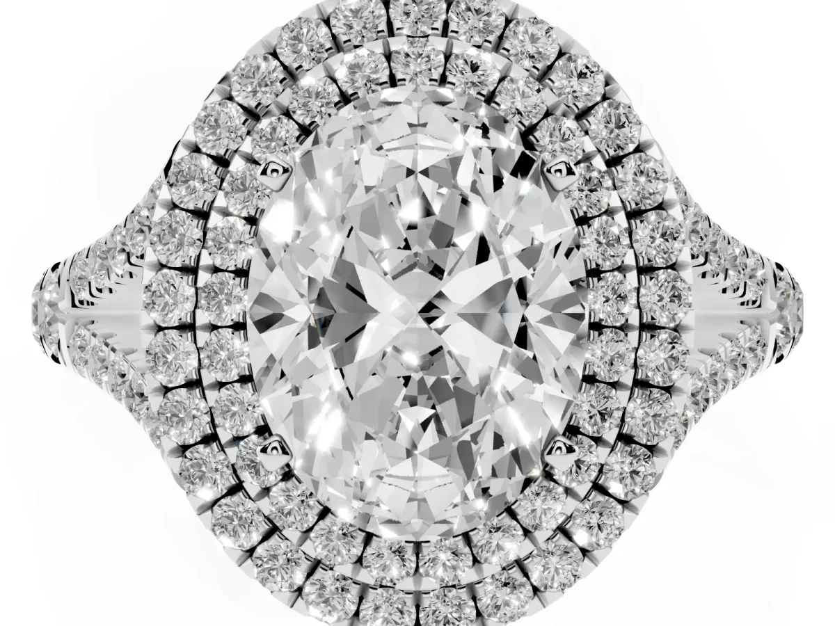 Oval Cut Diamond Pavé Split Shank Double Halo Engagement Ring Silver