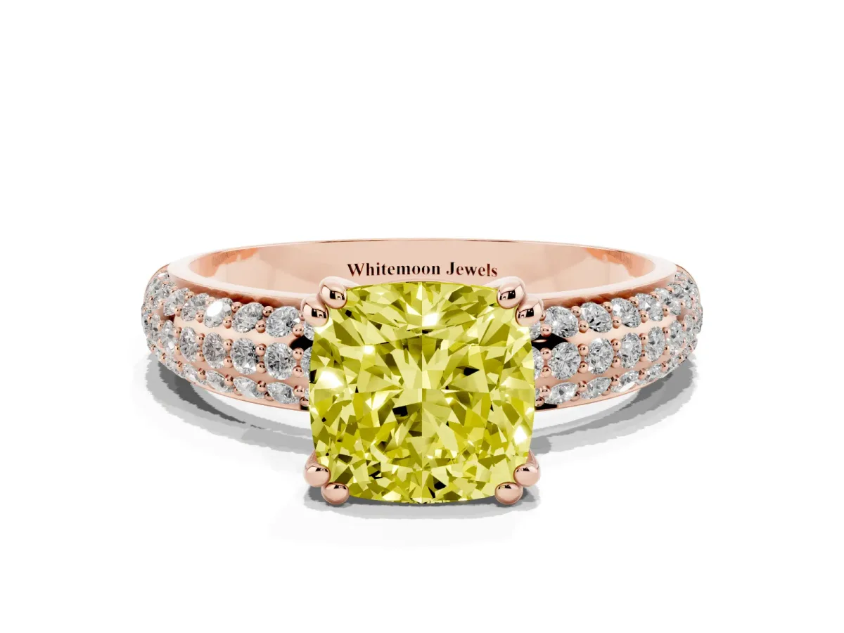 Fancy Yellow Cushion Cut Diamond Solitaire Ring with Multi-Row Round Pavé Band and Prong Setting Rose gold