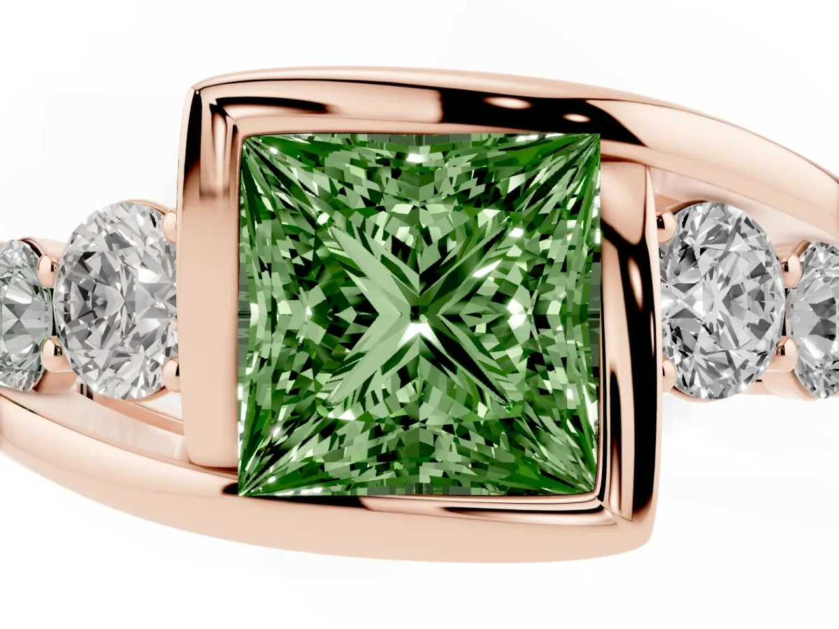 Fancy Green Bezel Set Princess Cut Diamond Bypass Ring with Round Accents Rose gold