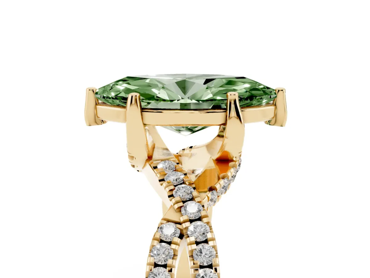 Fancy Green Marquise Cut Solitaire Twist Pave Diamond Engagement Ring with Prong Setting Yellow gold