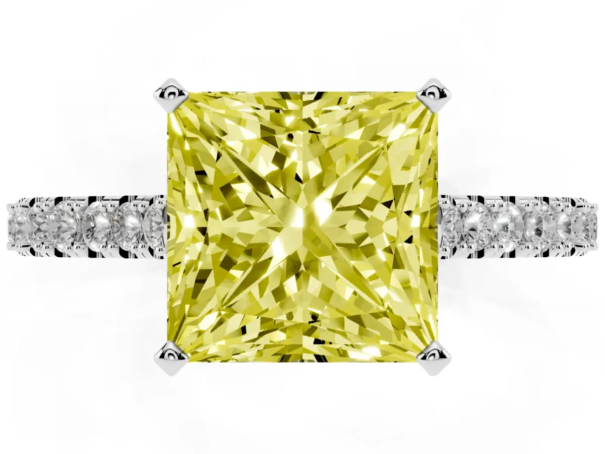 Fancy Yellow Princess Cut Cut Solitaire Diamond Engagement Ring with Pave Band and Four-Prong Setting Silver