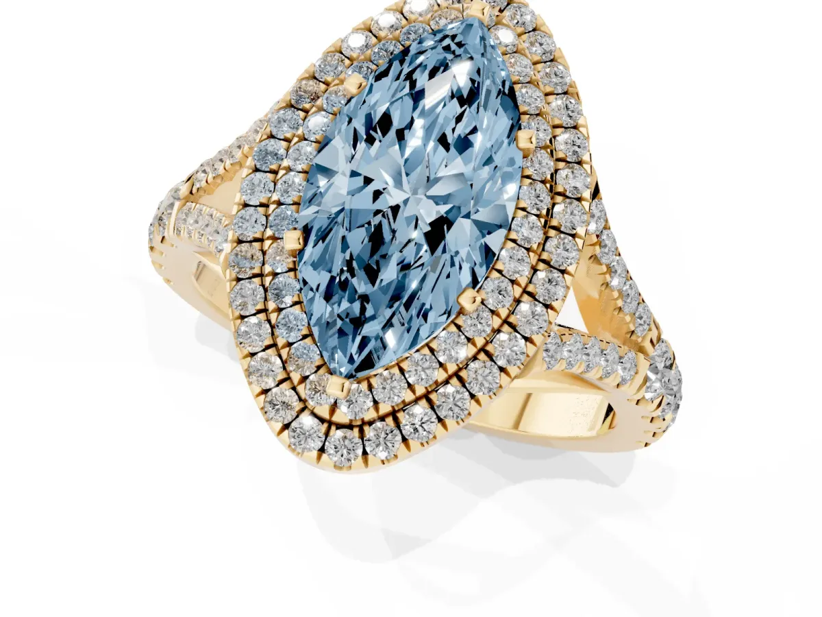 Fancy Blue Marquise Cut Diamond Pavé Split Shank Double Halo Engagement Ring Yellow gold