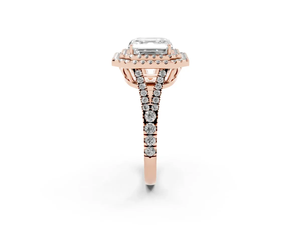 Asscher Cut Diamond Double Halo Ring with Pavé Band and Prong Setting Rose gold