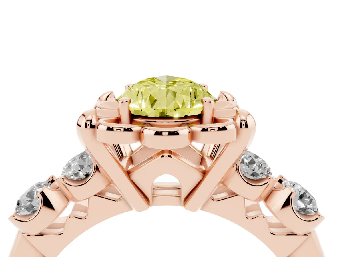 Fancy Yellow Pear Cut Cut Diamond Floral Halo Engagement Ring with Shared Prong Setting Rose gold