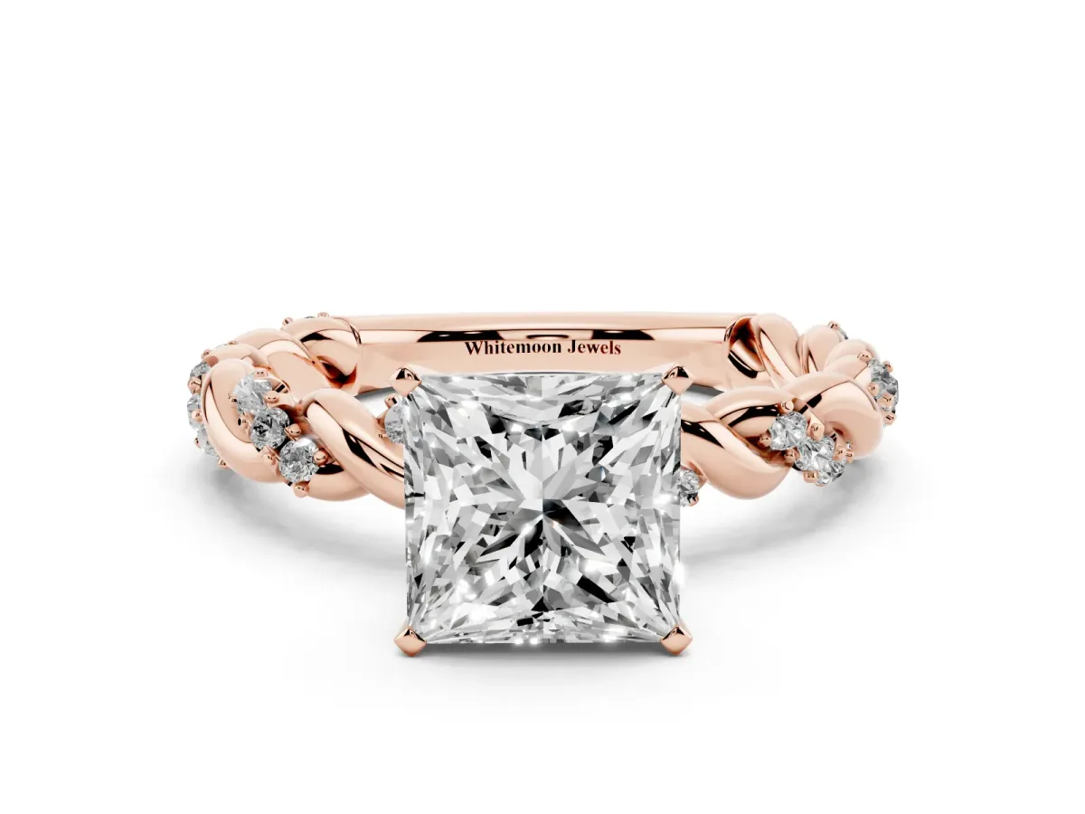 Princess Cut Diamond Solitaire Ring with Twisted Band and Pavé Accents Rose gold