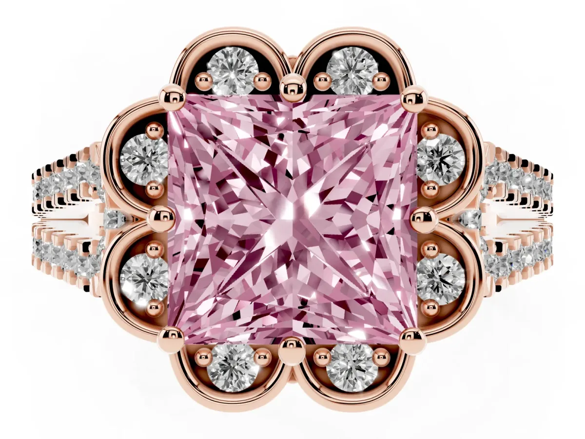 Fancy Pink Princess Cut Halo Diamond Floral Split Shank Engagement Ring Rose gold