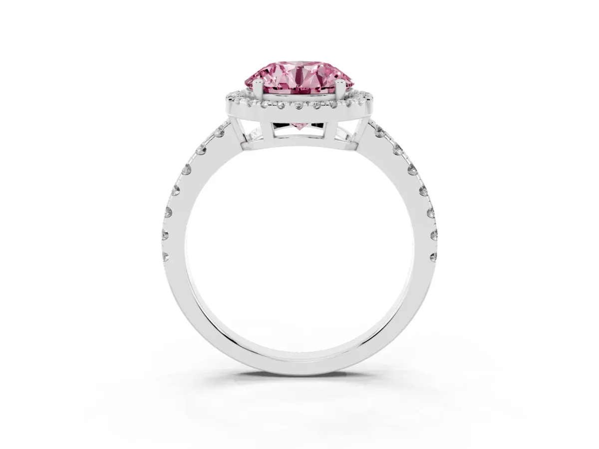 Fancy Pink Round Cut Diamond Halo Ring with Pavé Band and Four-Prong Setting Platinum