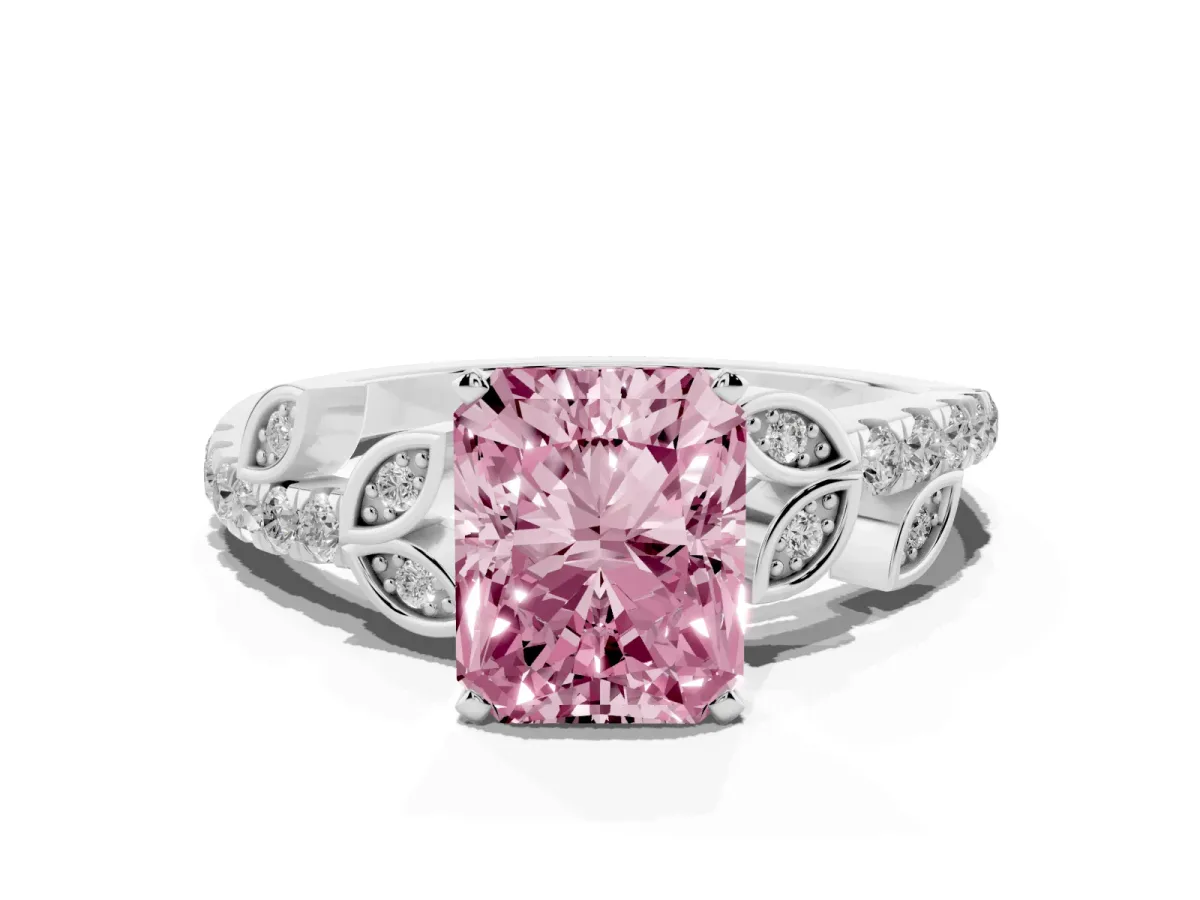 Fancy Pink Radiant Cut Solitaire Leaf-Inspired Diamond Ring with Pavé Band and Four-Prong Setting Silver