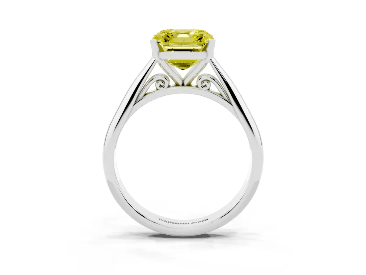Fancy Yellow Asscher Cut Diamond Solitaire Engagement Ring with Cathedral Setting and Four-Prong Mount White gold