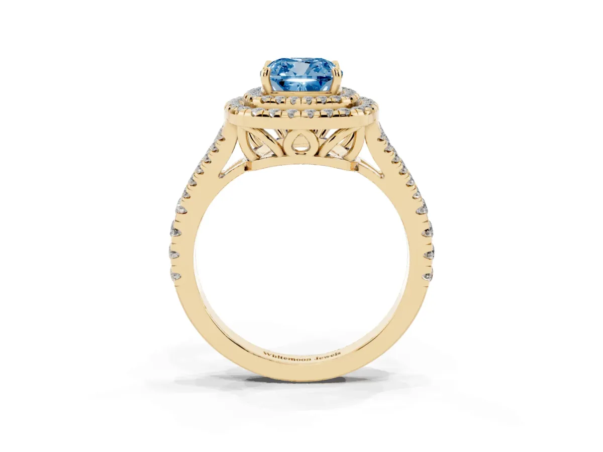 Fancy Blue Cushion Cut Diamond Double Halo Ring with Pavé Band and Prong Setting Yellow gold