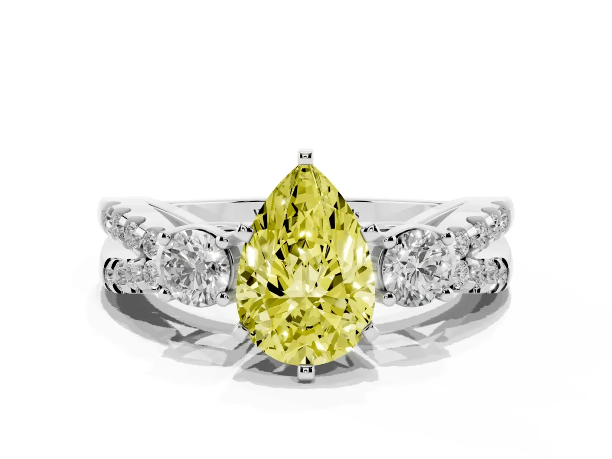 Fancy Yellow Pear Cut Diamond Three-Stone Ring with Pavé Split Shank and Four-Prong Setting Silver