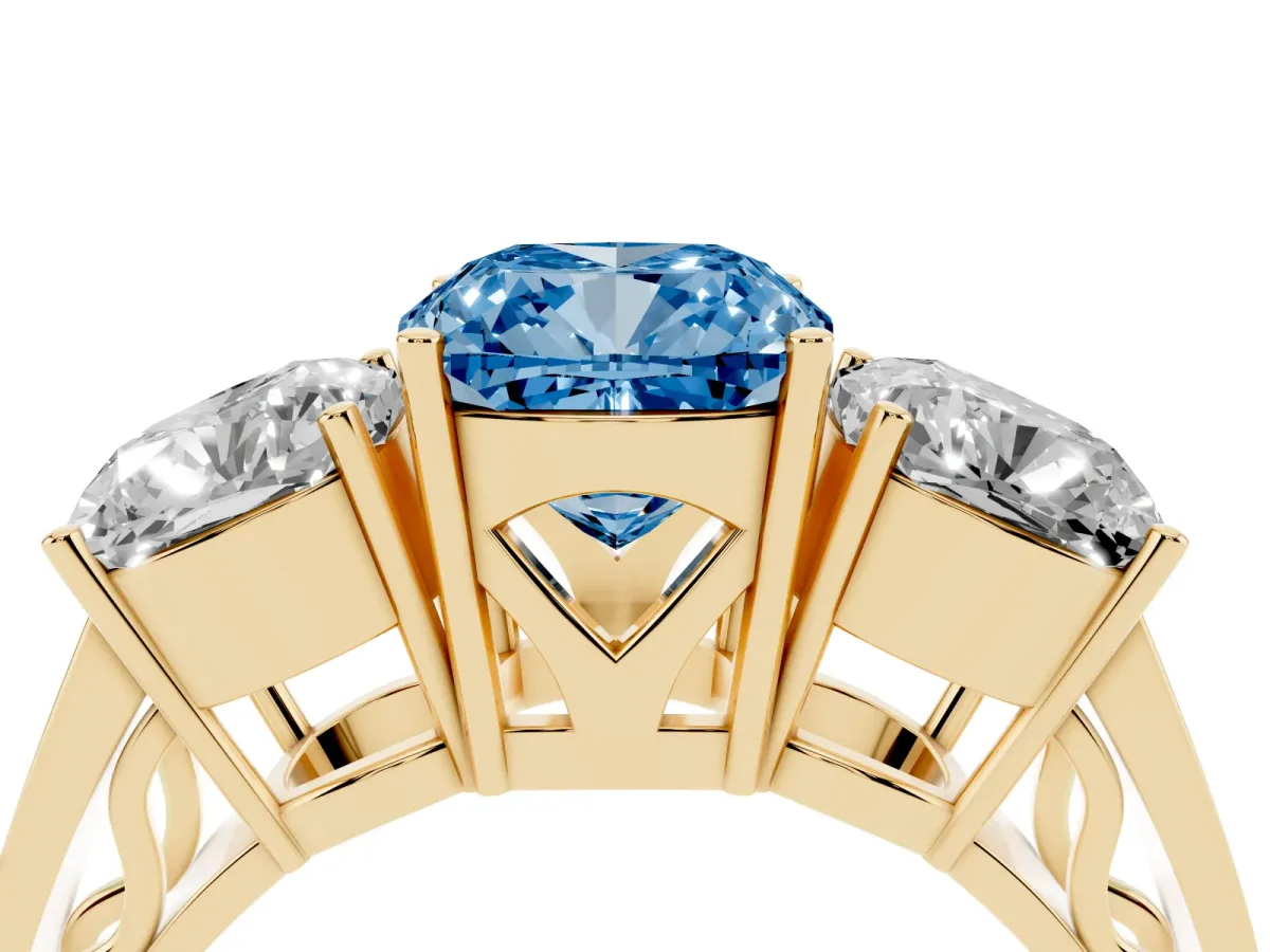 Fancy Blue Cushion Cut Diamond Three-Stone Ring with Prong Setting and Textured Band Yellow gold