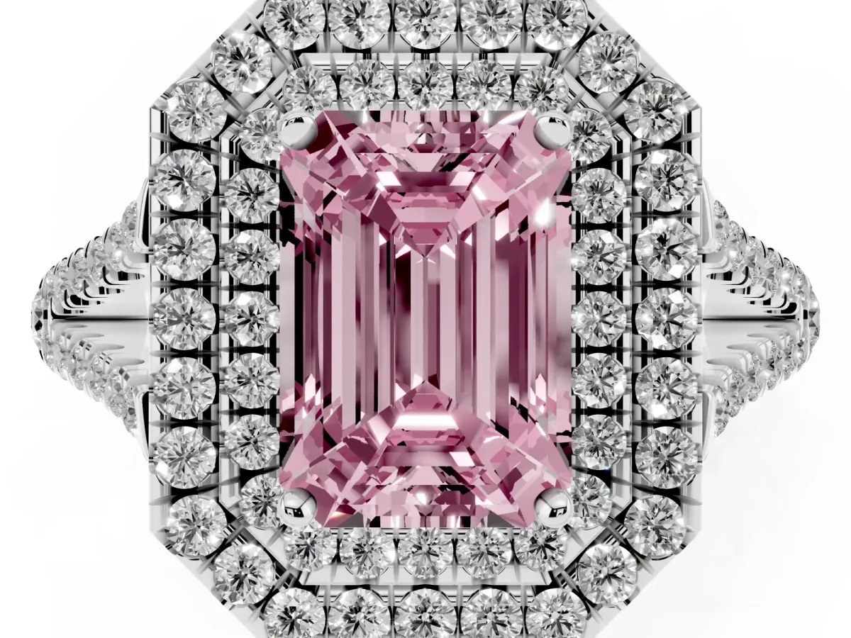 Fancy Pink Emerald Cut Diamond Double Halo Ring with Pavé Band and Prong Setting Silver