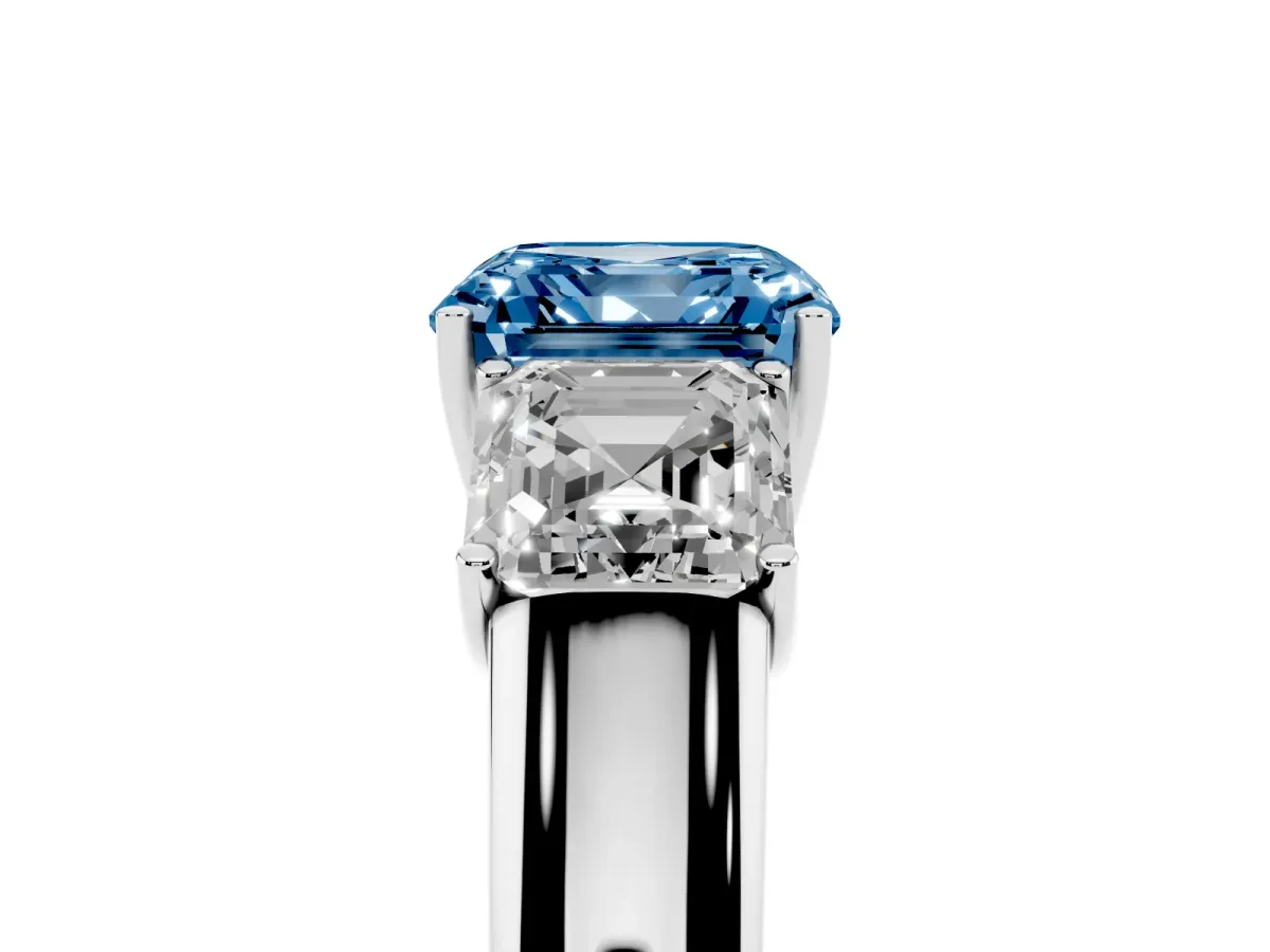 Fancy Blue Three-Stone Asscher Cut Cut Diamond Ring with Prong Setting and Classic Band Platinum