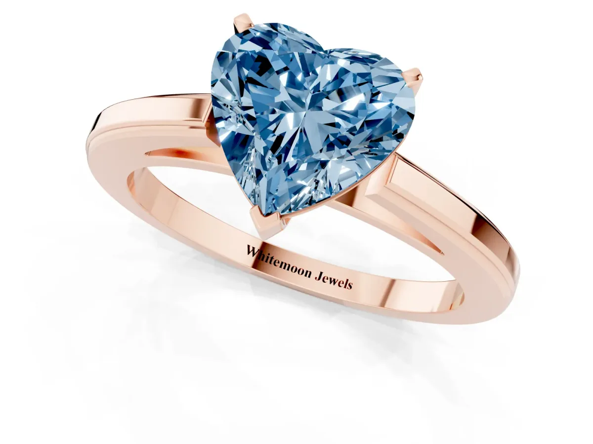 Fancy Blue Heart Cut Solitaire Diamond Ring with Four-Prong Setting and Classic Band Rose gold