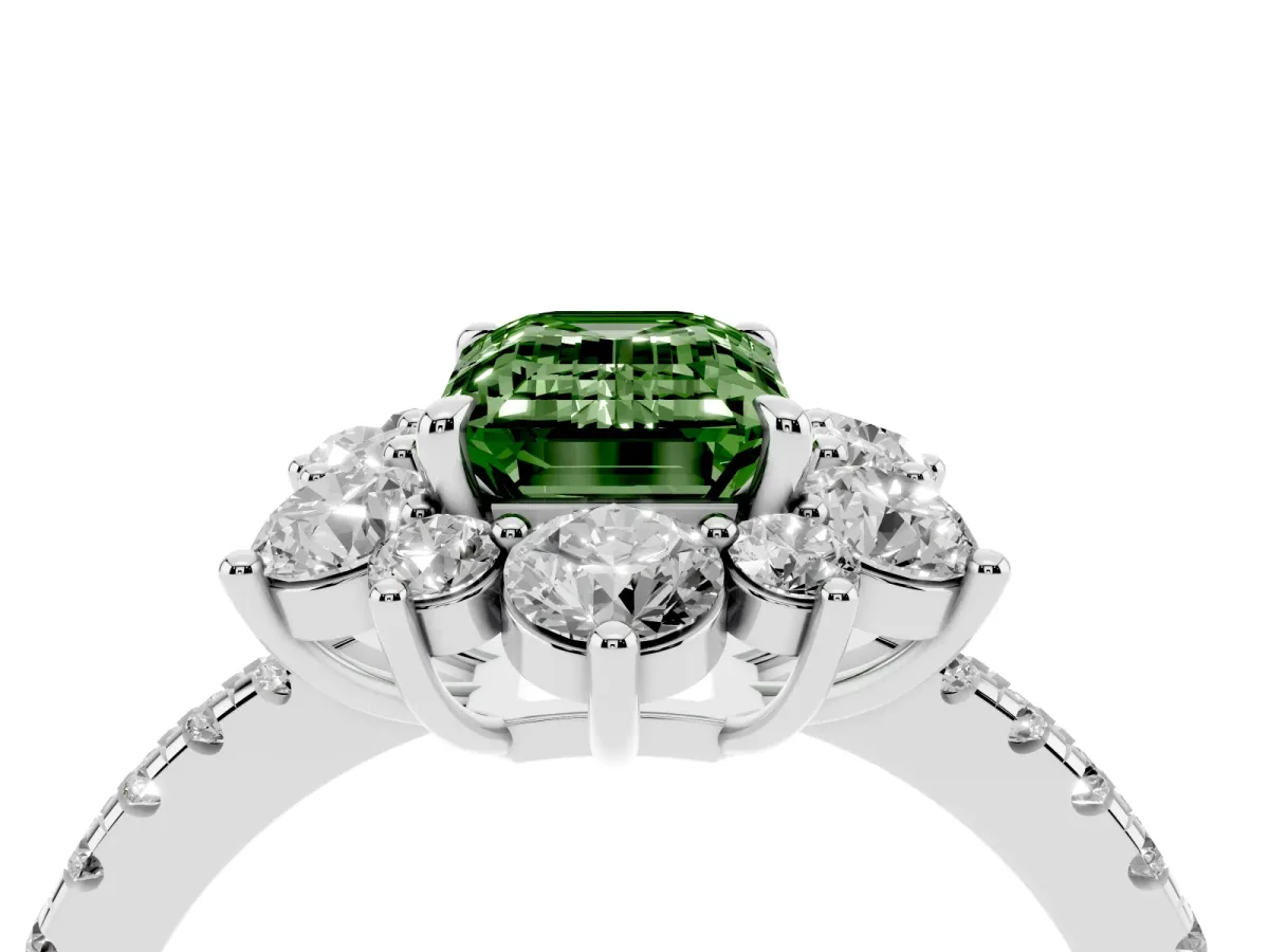 Fancy Green Emerald Cut Diamond Floral Halo Ring with Round Pavé Band and Prong Setting Silver