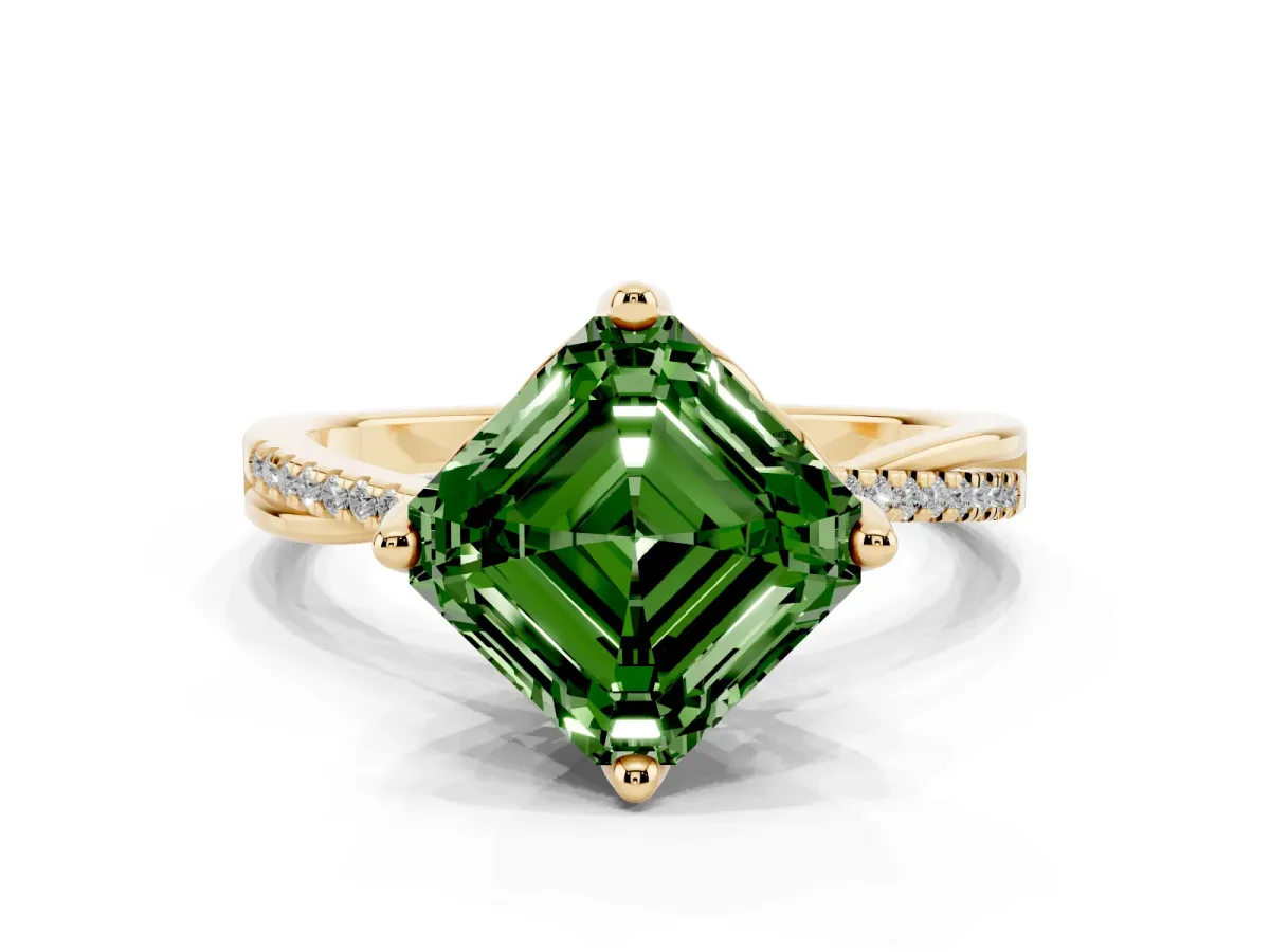 Fancy Green Asscher Cut Solitaire Twist Band with Pavé Diamonds and Four-Prong Setting Yellow gold