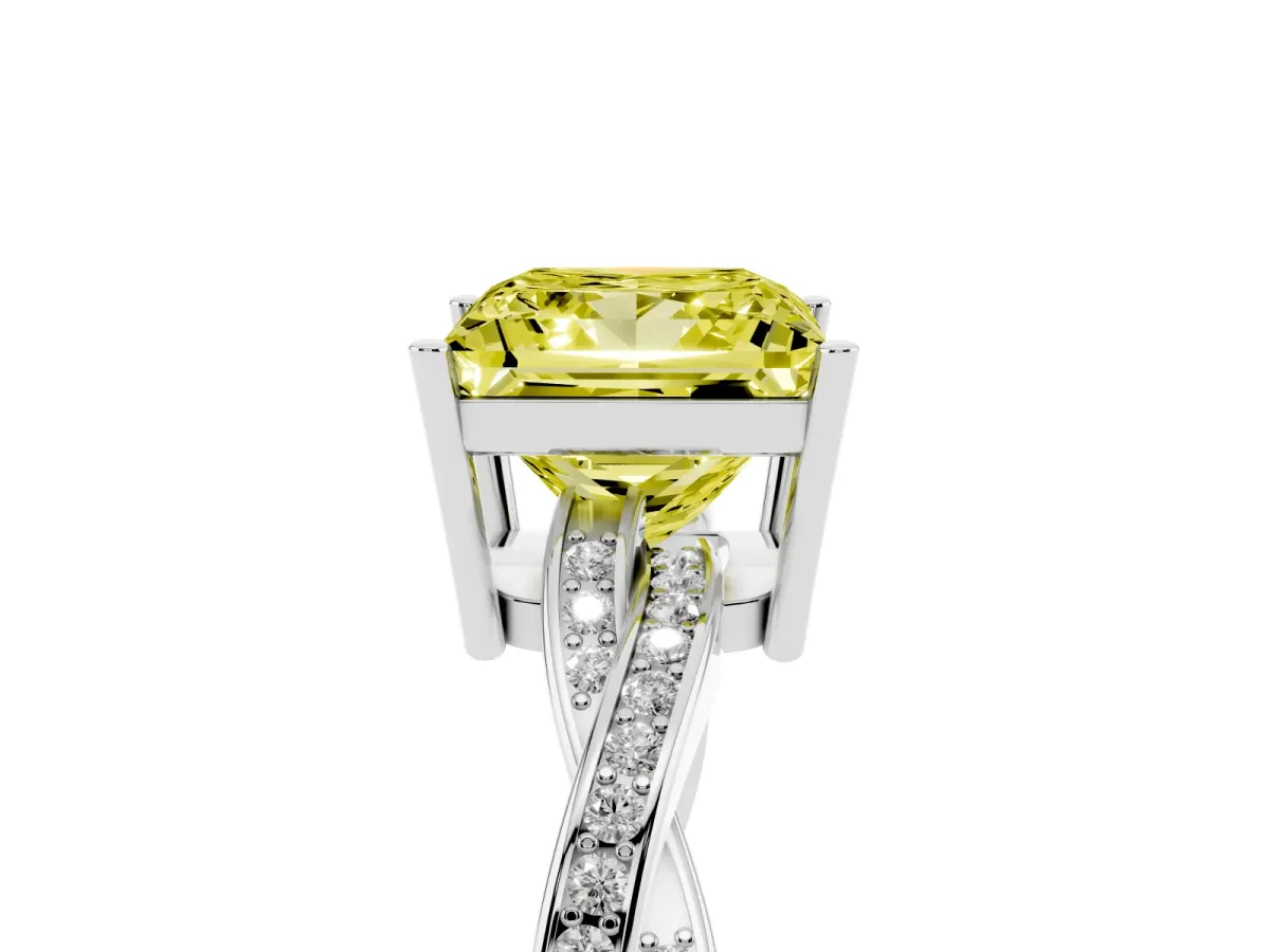 Fancy Yellow Princess Cut Solitaire Twisted Pave Diamond Ring with Four-Prong Setting Silver