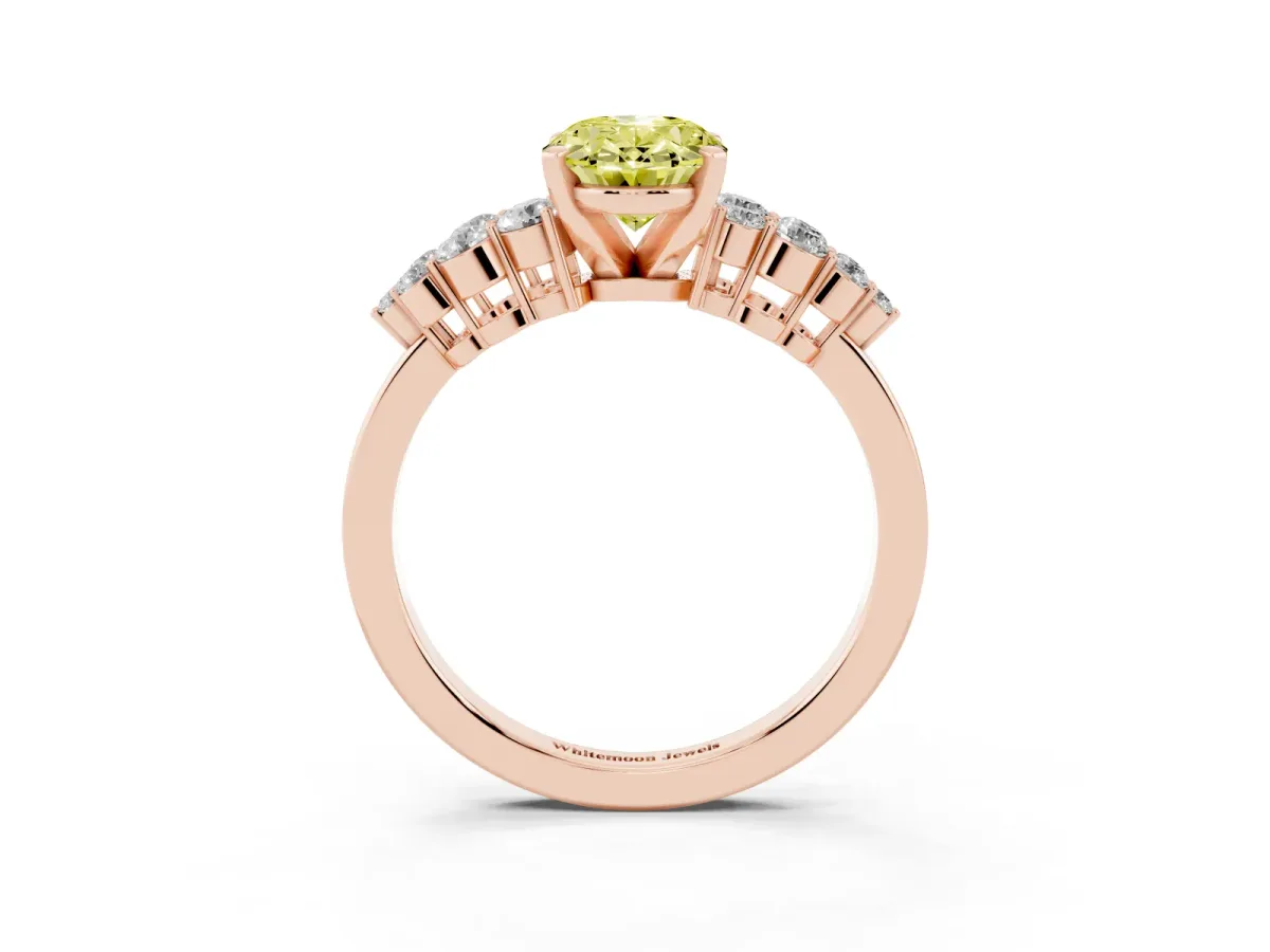 Fancy Yellow Oval Cut Cluster Diamond Engagement Ring with Pavé Band and Four-Prong Setting Rose gold