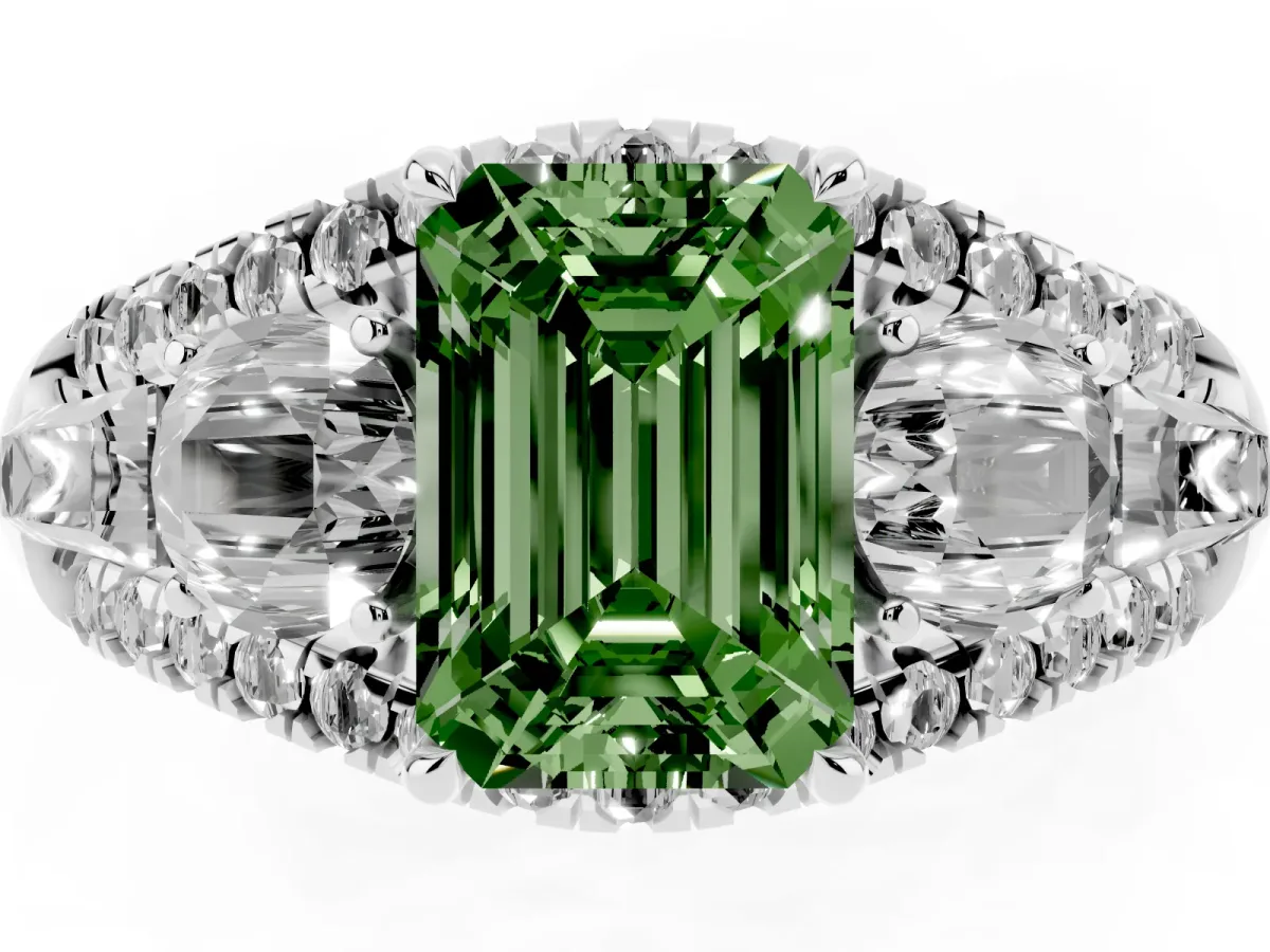 Fancy Green Three-Stone Emerald Cut Diamond Engagement Ring with Pave Band and Prong Setting Silver