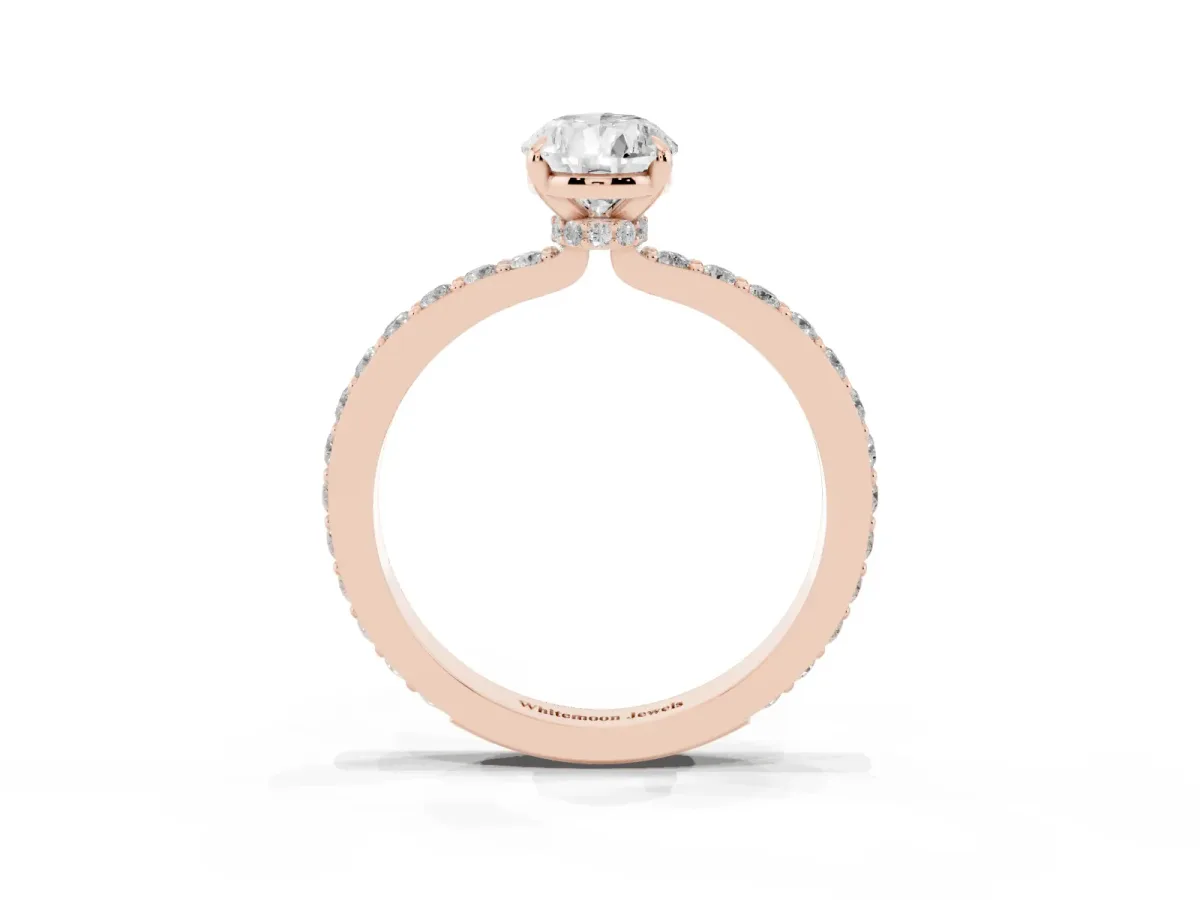 Pear Cut Diamond Pavé Engagement Ring with Round Accents and Prong Setting Rose gold