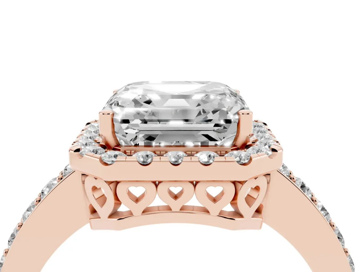 Asscher Cut Halo Diamond Pavé Band Ring with Prong Setting Rose gold