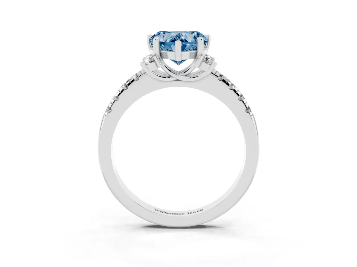 Fancy Blue Heart Cut Diamond Three-Stone Pave Band with Four-Prong Setting Silver