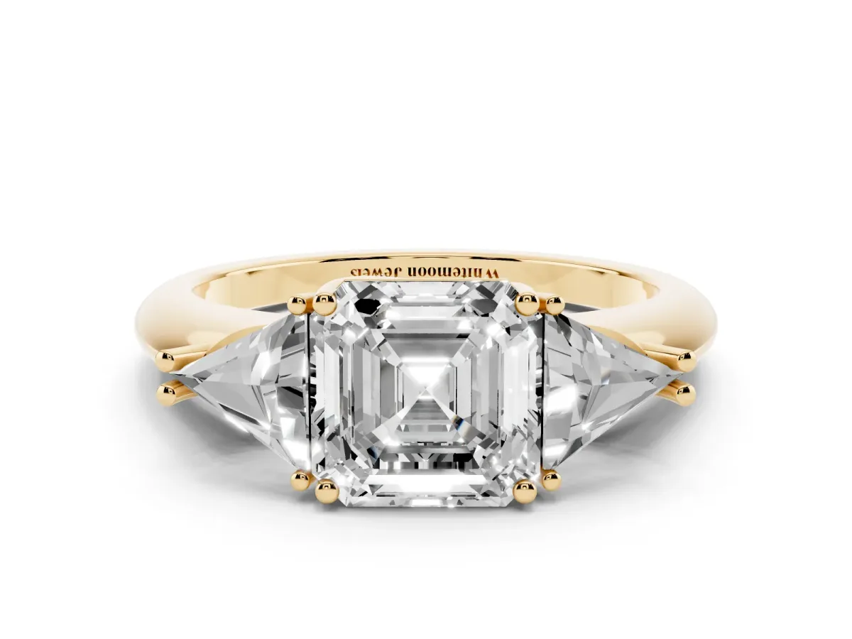 Three-Stone Asscher Cut Diamond Engagement Ring with Trillion Side Stones and Prong Setting Yellow gold