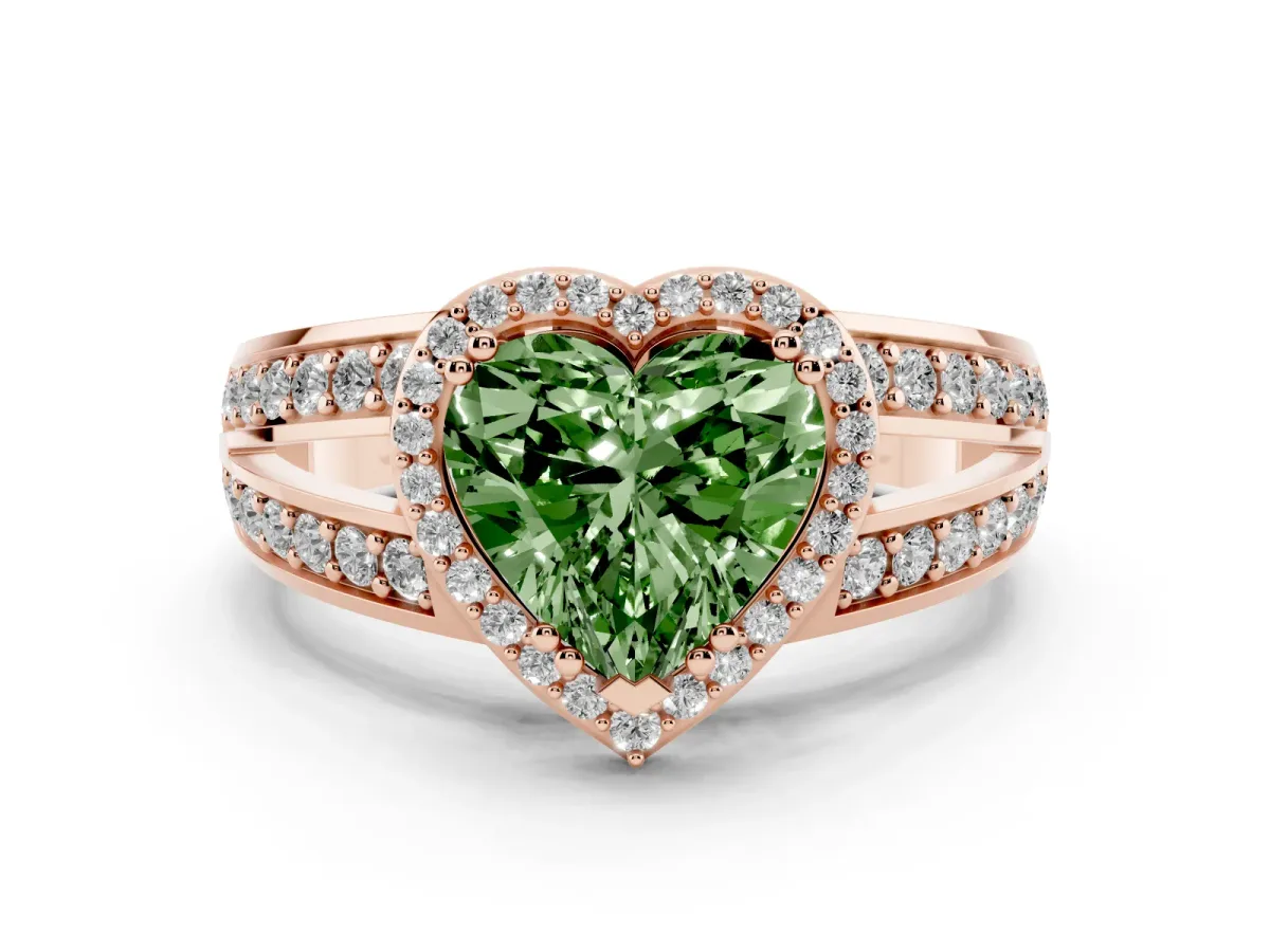 Fancy Green Heart Cut Diamond Halo Ring with Split Shank Pavé Band and Four-Prong Setting Rose gold