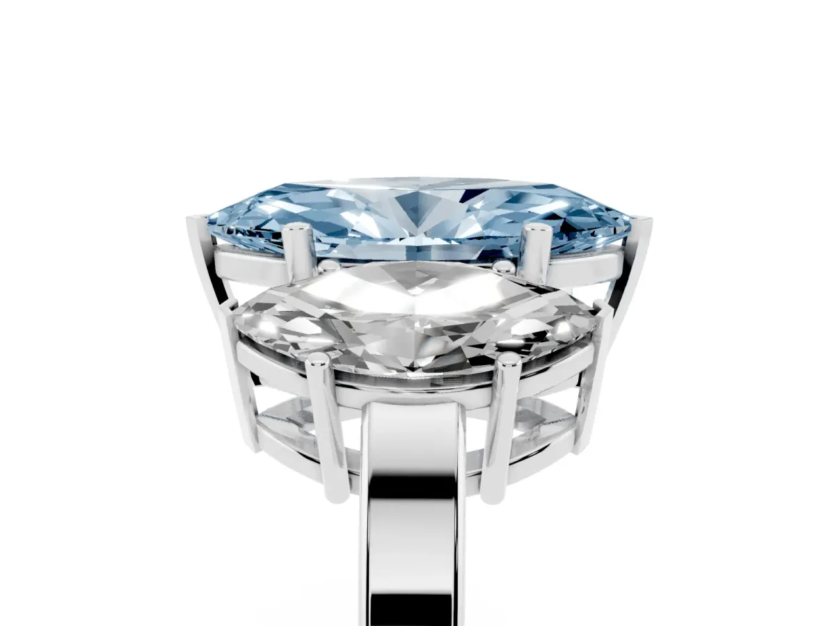 Fancy Blue Three-Stone Marquise Cut Cut Diamond Engagement Ring with Flat Band and Four-Prong Setting Silver