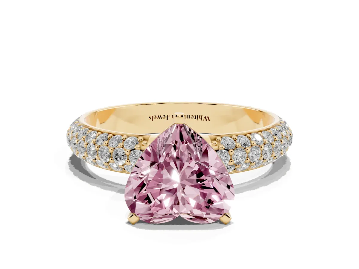 Fancy Pink Heart Cut Diamond Solitaire Ring with Prong Setting and Pavé Band Yellow gold