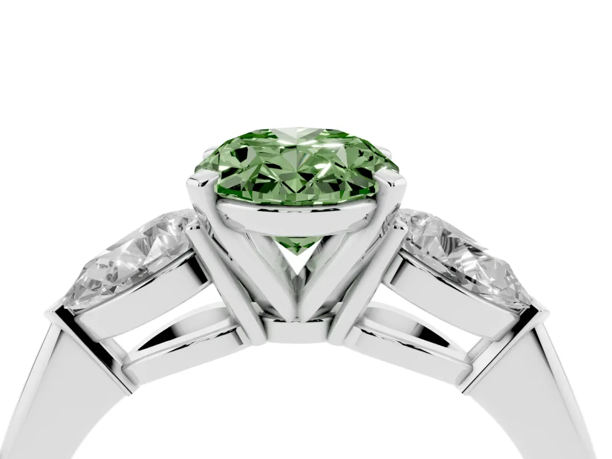 Fancy Green Three-Stone Oval Cut Diamond Ring with Pear Side Stones and Four-Prong Setting Silver