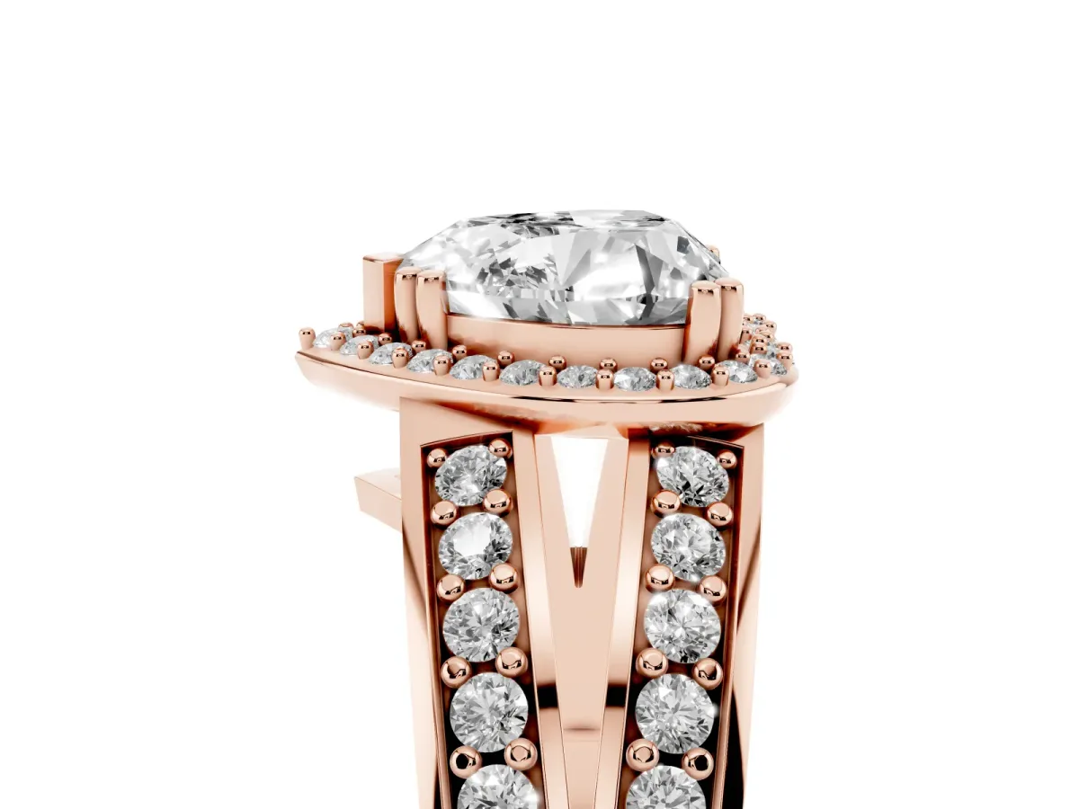 Heart Cut Diamond Halo Ring with Split Shank Pavé Band and Four-Prong Setting Rose gold