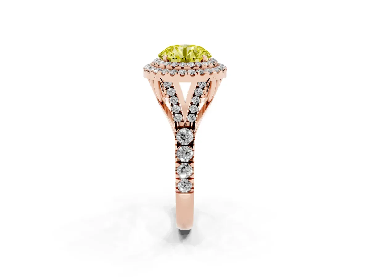Fancy Yellow Round Cut Diamond Double Halo Ring with Split Shank and Prong Setting Rose gold