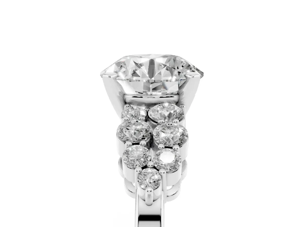 Round Cut Cluster Diamond Engagement Ring with Pavé Band and Four-Prong Setting Silver