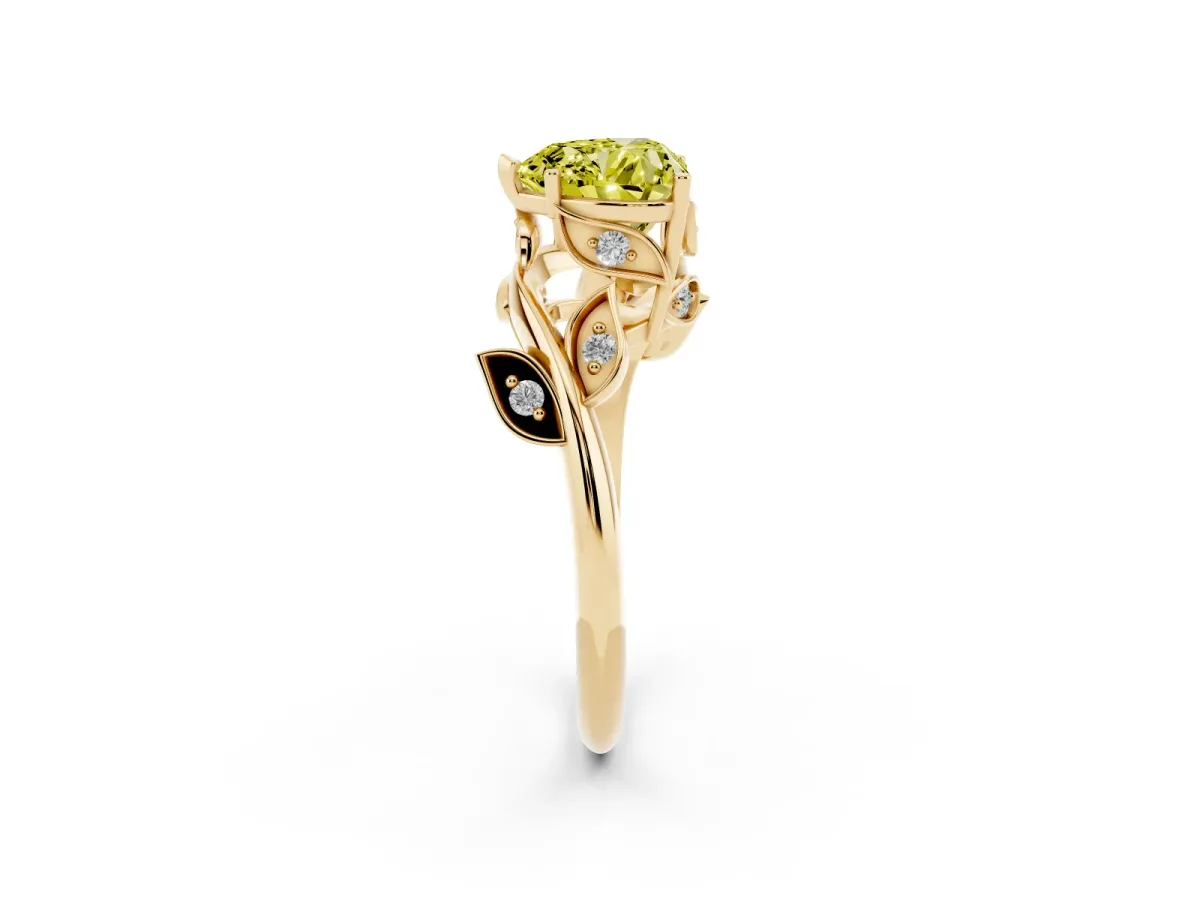 Fancy Yellow Heart Cut Solitaire Twist Engagement Ring with Leaf Accents and Prong Setting Yellow gold