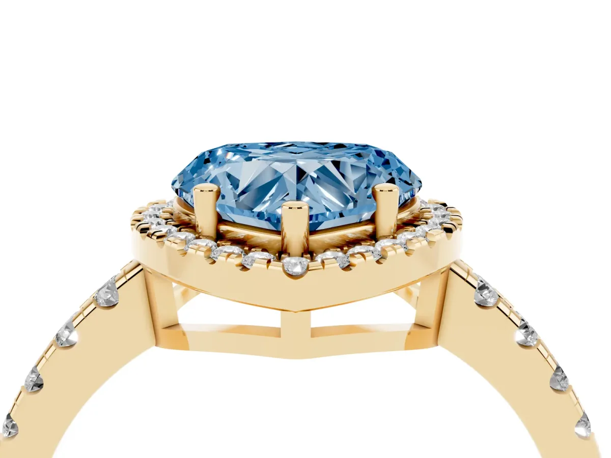 Fancy Blue Heart Cut Diamond Halo Ring with Pavé Band and Four-Prong Setting Yellow gold