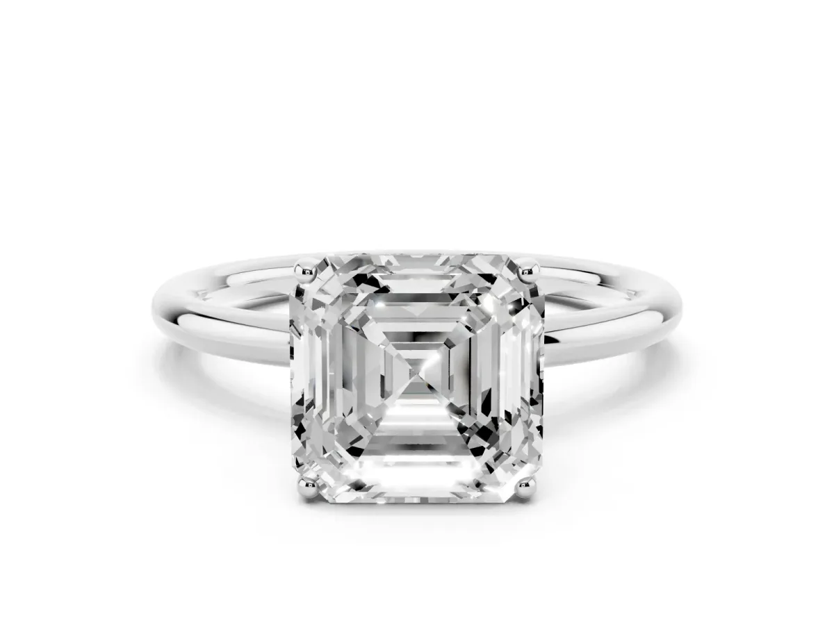 Asscher Cut Solitaire Diamond Ring with a Classic Band and Four-Prong Setting Silver