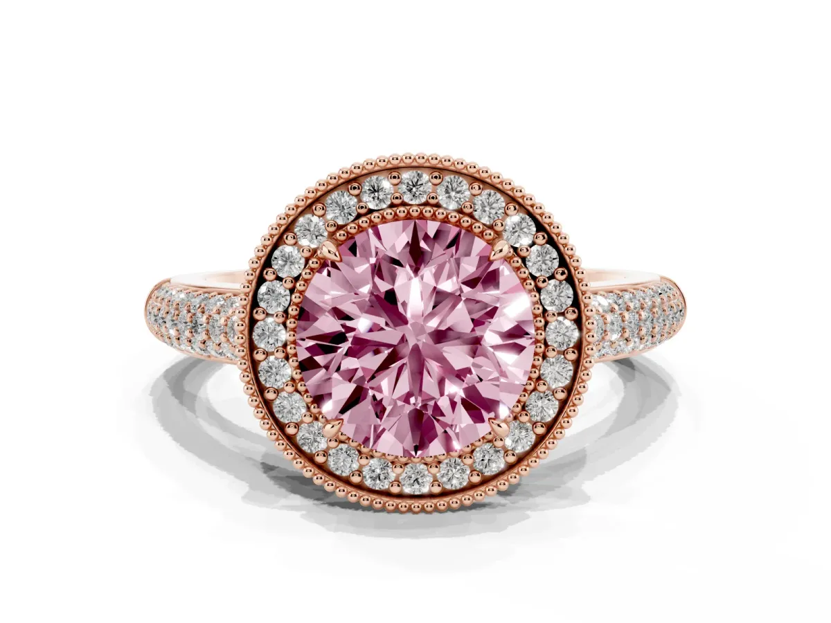 Fancy Pink Round Cut Cut Halo Diamond Pave Band with Four-Prong Setting Rose gold