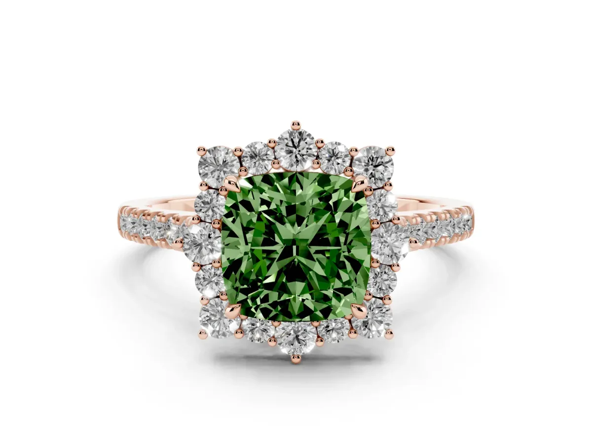 Fancy Green Cushion Cut Halo Diamond Ring with Pavé Band and Prong Setting Rose gold