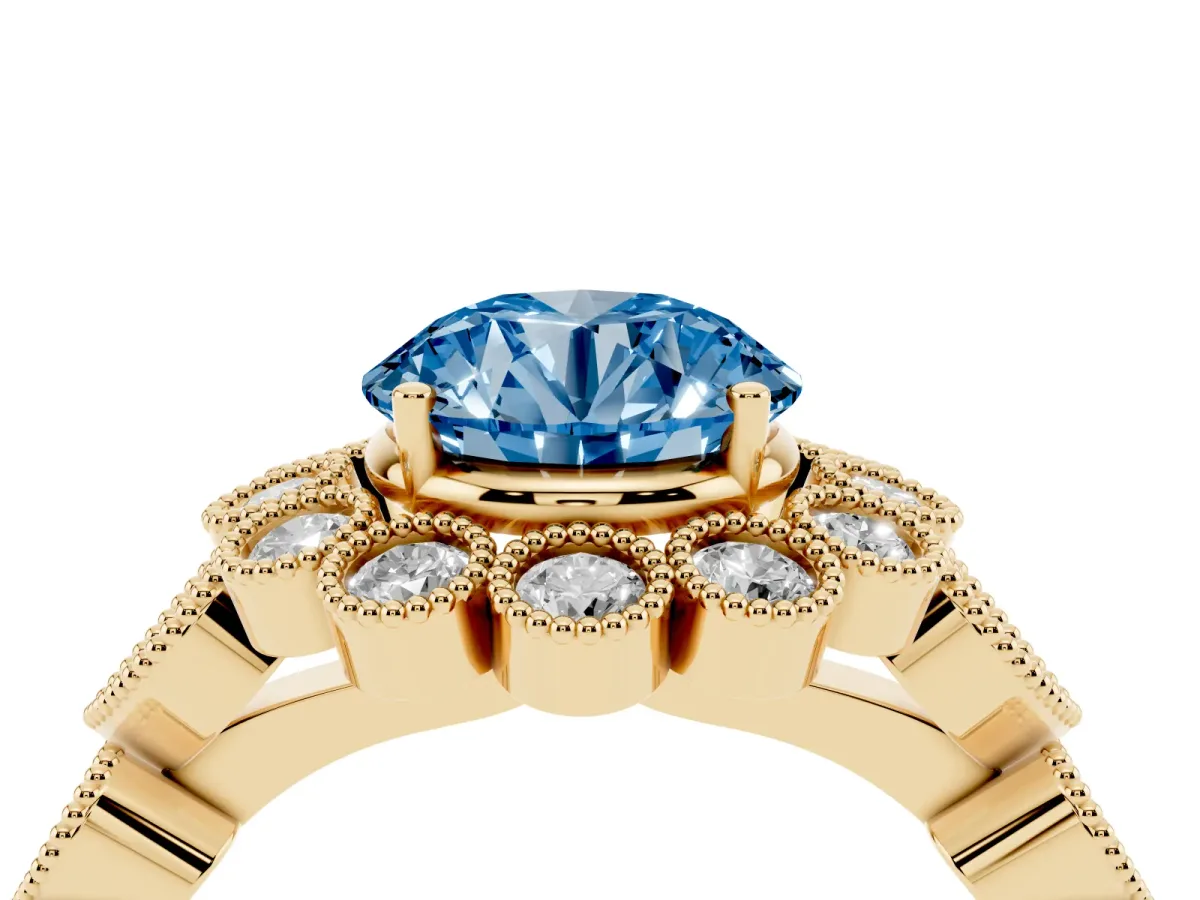 Fancy Blue Round Cut Brilliant Milgrain Pave Heart Band Solitaire Ring Yellow gold